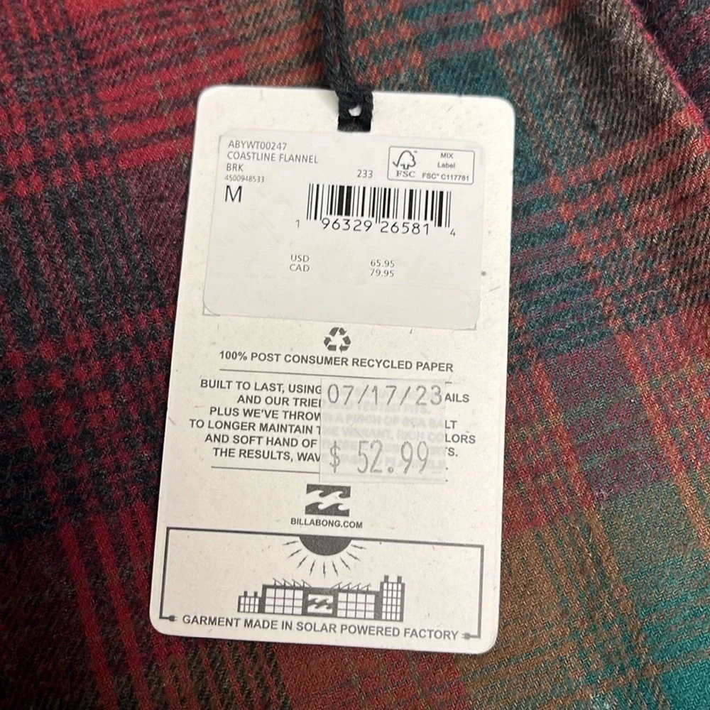 Billabong Coastline Wave Washed Plaid Flannel button down long sleeve Shirt